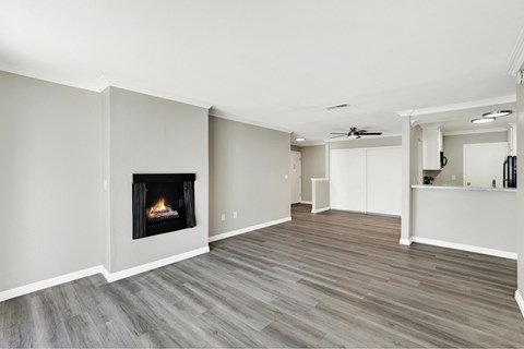 A living room with a fireplace and wood flooring.