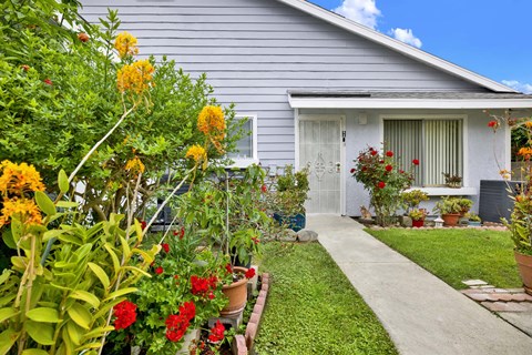 A house with a grey siding and a white door is surrounded by a variety of colorful flowers.