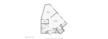 Floor plan for Printers Square Unit 311, showing one bedroom, one bathroom, living room and kitchen.