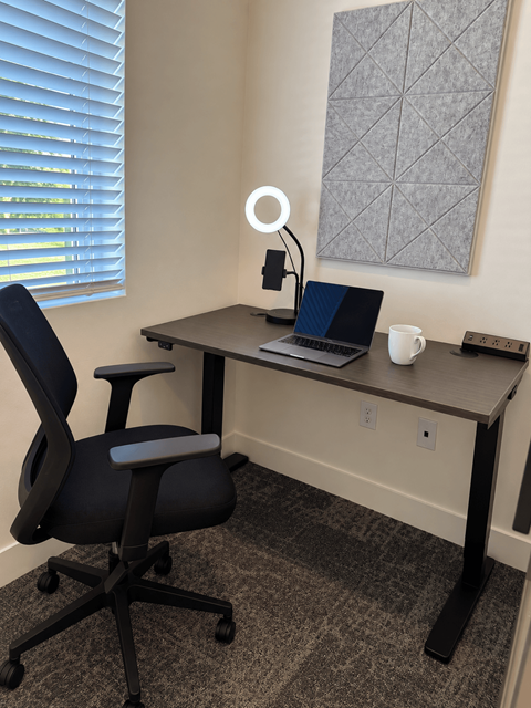 Private office pod with a desk ring light at Gibson Oaks, Lakeland FL.