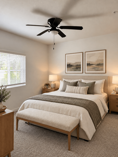 A bedroom with a large bed and a ceiling fan.
