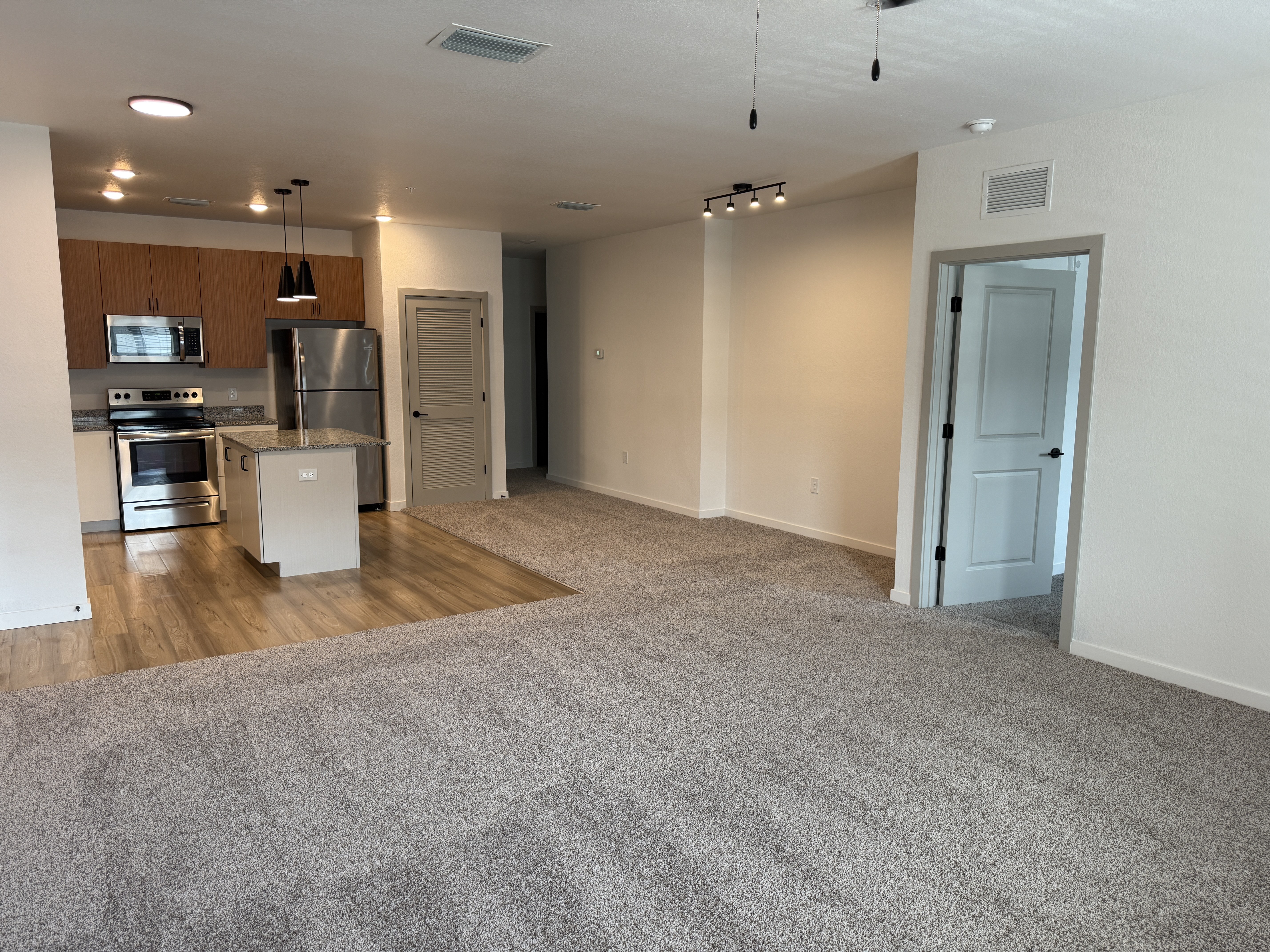 A spacious living area with a kitchen in the background.
