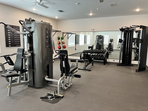 a gym with cardio equipment and weights on the floor at Gibson Oaks, Lakeland FL