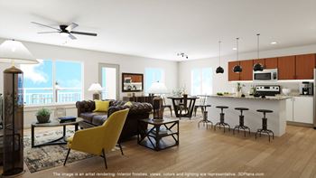 a rendering of a living room and kitchen in a development.