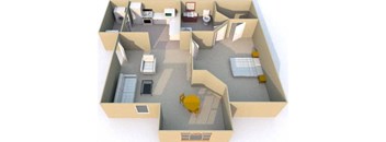 an overhead view of a room with a table and chairs