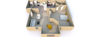 an overhead view of a room with a desk and a chair