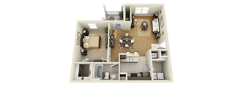 A 3D floor plan of a house showing a kitchen, living room, dining room, and bathroom.