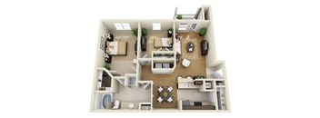 A 3D floor plan of a house with a living room, kitchen, dining room, and two bedrooms.