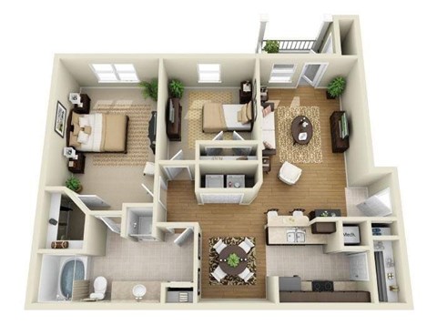 A 3D floor plan of a house with a living room, kitchen, dining room, and two bedrooms.