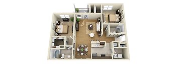 A 3D floor plan of a house showing a kitchen, living room, dining room, and bedrooms.