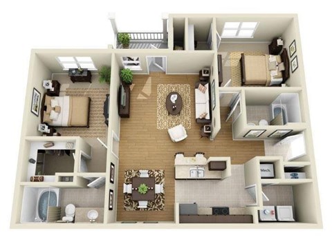 A 3D floor plan of a house showing a kitchen, living room, dining room, and bedrooms.