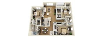 A 3D floor plan of a house with a kitchen, living room, dining room, and bedrooms.