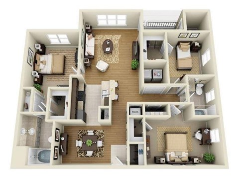 A 3D floor plan of a house with a kitchen, living room, dining room, and bedrooms.