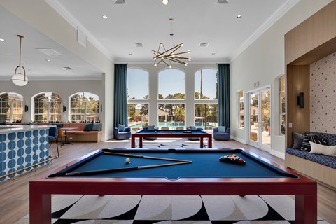 a view of the lobby of a luxury hotel with a swimming pool