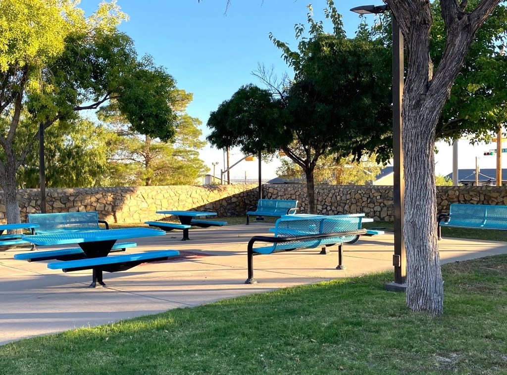 A park with blue benches and trees.