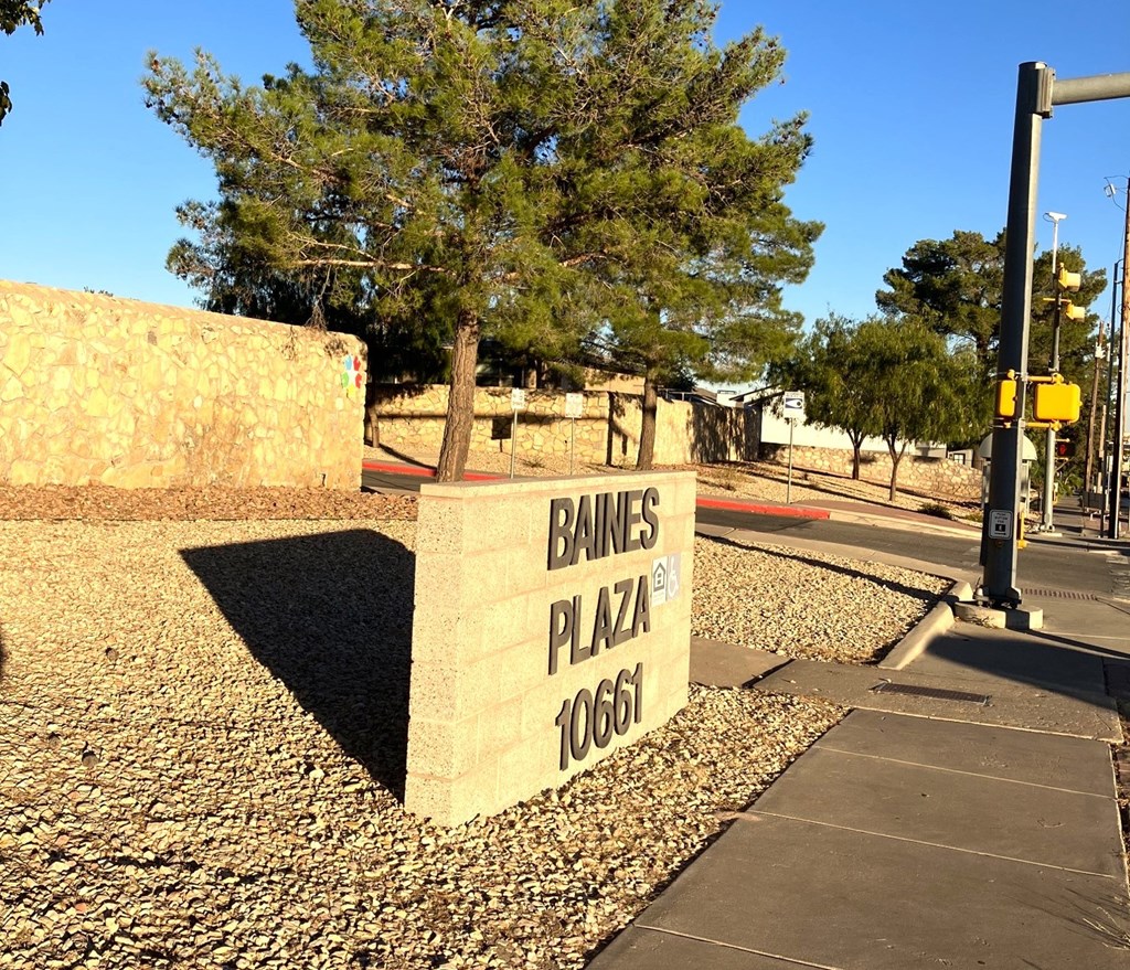 A stone sign that says Baines Plaza stands on a gravel area.
