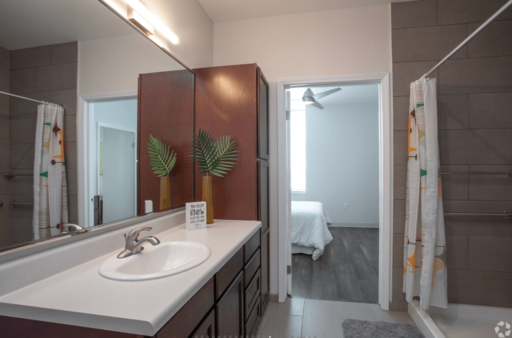 A bathroom with a white sink and a mirror.
