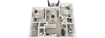 A 3D floor plan of a small apartment with a living room, kitchen, and bedrooms.