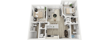 A 3D floor plan of a small apartment with a living room, kitchen, and bathroom.