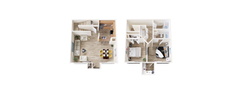 A top down view of a modern apartment with two bedrooms, a living room, a kitchen, and a bathroom.