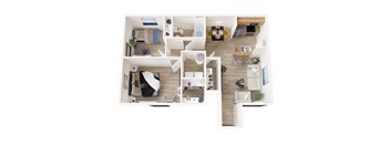 A top down view of a modern apartment layout.