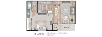 A floor plan of a one bedroom, one bathroom apartment.