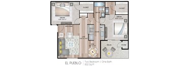 A floor plan of a one bedroom apartment with a bathroom and a living area.