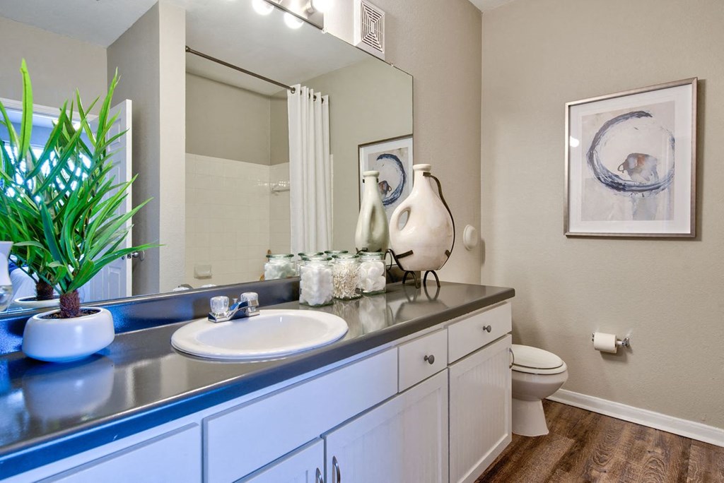spacious bathroom with sizeable mirror and full tub