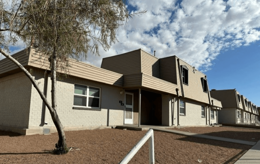 A row of houses with a tree in front of the first one.