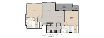 A floor plan of a suite with two bedrooms and two bathrooms.