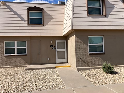 A house with a brown door and windows.