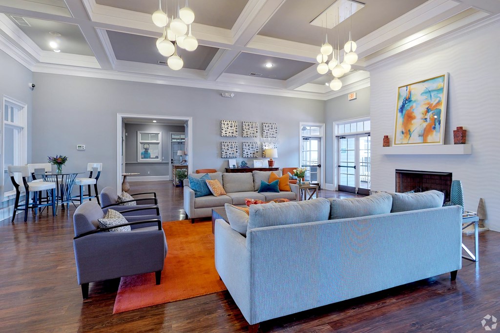 A living room with a grey couch and a red rug.