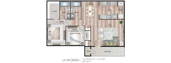 A floor plan of a two bedroom, two bath apartment.