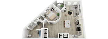 A top down view of a house interior with a kitchen, living room, and bathroom.