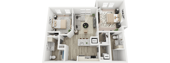 A top-down view of a small apartment with a living room, kitchen, and bathroom.