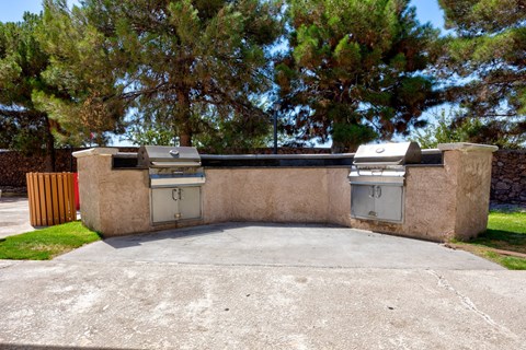two barbecue grills on the side of a driveway