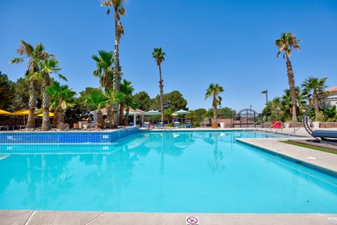 a large pool with palm trees next to it at the resort