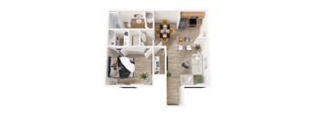 A top down view of a modern apartment with a living room, kitchen, and bedroom.