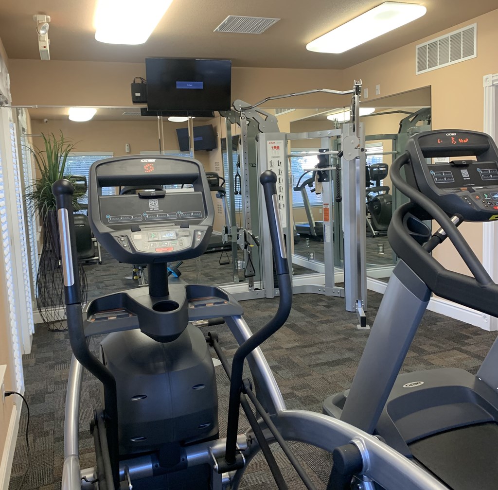 A treadmill in a gym with a TV mounted on the wall.