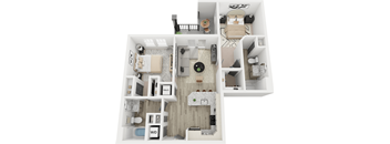 A 3D floor plan of a house showing a kitchen, living room, and two bedrooms.