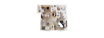 A top down view of a modern apartment with a living room, kitchen, and bedroom.