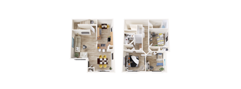 Two images of a small apartment with a living room, kitchen, and bedroom.