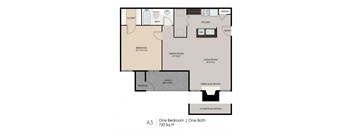 A floor plan of a one bedroom, one bath apartment.