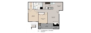 A floor plan of a one bedroom apartment with one bath.