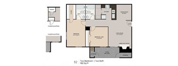 A floor plan of a B2 room with two bedrooms and two bathrooms.
