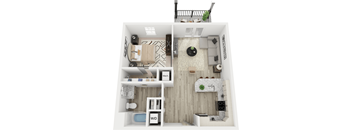 A top-down view of a small apartment with a bedroom, living room, and kitchen.