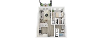 A top down view of a small apartment with a kitchen, living room, and bathroom.
