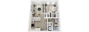 A top-down view of a small apartment with a kitchen, living room, and bathroom.