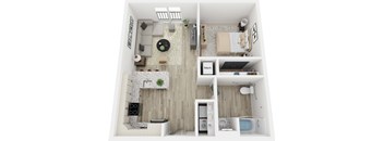 A top down view of a small apartment with a kitchen, living room, and bathroom.