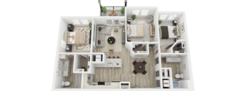 A floor plan of a house with a living room, dining room, kitchen, and bathrooms.